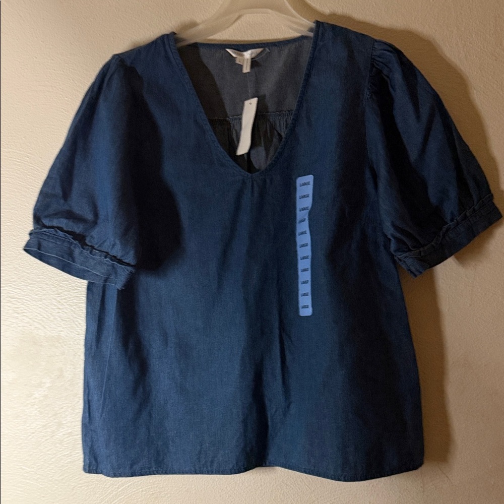 Draper James Dark Navy Jean look cotton V-Neck Puff Sleeve Top